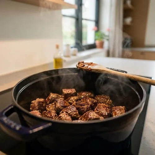 Rindfleisch wird im Topf kräftig angebraten für Röstaromen