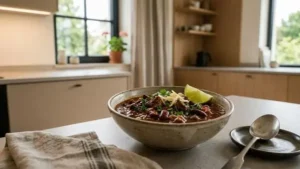 Chili con Carne mit Schokolade in einer Schüssel, sämig und würzig