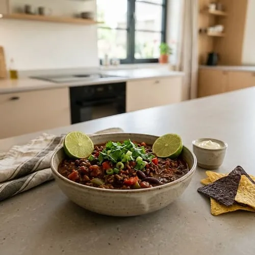 Fertiges Chili con Carne mit Schokolade, garniert mit Kräutern und Limette