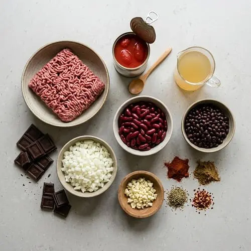 Zutaten für Chili con Carne mit Schokolade auf einem Küchentisch