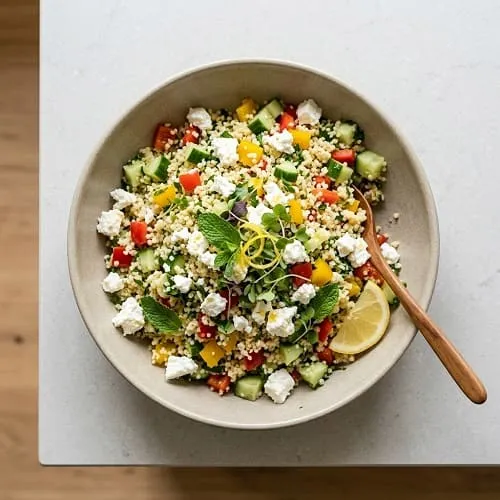 15-Minuten-Rezepte vegetarisch: 10 schnelle Ideen 5 Couscous-Gemüse-Schüssel mit Feta, schnelles vegetarisches 15-Minuten-Rezept