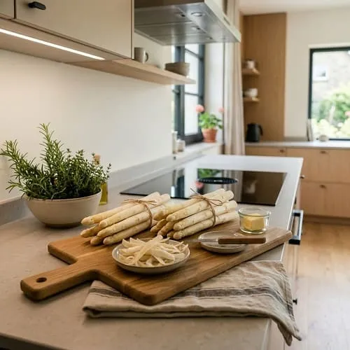 Frischer weißer Spargel auf einem Holzbrett in der Küche