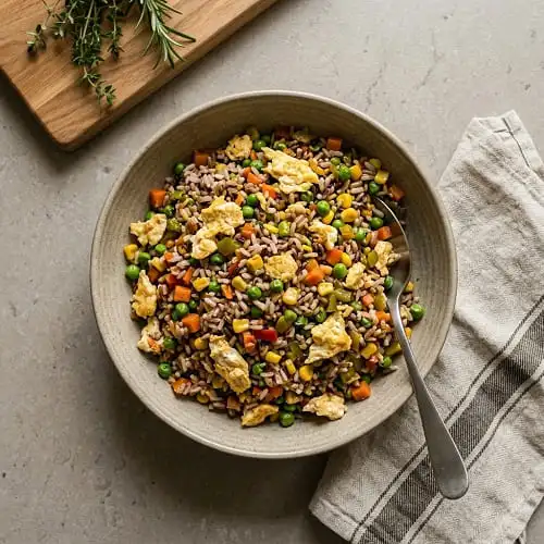 15-Minuten-Rezepte vegetarisch: 10 schnelle Ideen 10 Gemüse-Reis-Pfanne mit Ei als schnelles vegetarisches Reste-Rezept