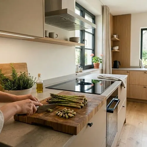 Holzige Enden beim grünen Spargel abschneiden