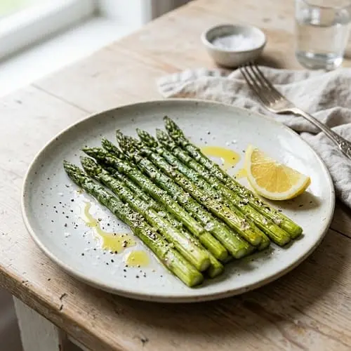 Gekochter grüner Spargel mit Zitrone und Olivenöl serviert