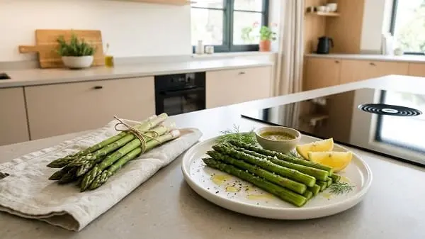 Grüner Spargel frisch und gegart auf einem hellen Küchentisch
