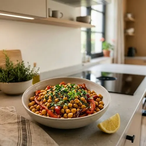 15-Minuten-Rezepte vegetarisch: 10 schnelle Ideen 2 Kichererbsen-Pfanne mit Paprika und Zitronenquark als schnelles vegetarisches Gericht