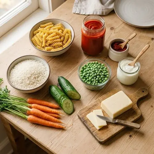 Vorratszutaten für kinderfreundliche Lieblingsessen: Nudeln, Reis, passierte Tomaten, Erbsen, Joghurt und mildes Gemüse