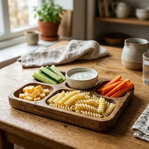 Baukasten-Teller für Kinder mit Nudeln, milder Soße, Gurken- und Möhrensticks sowie Käsewürfeln