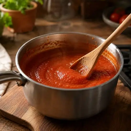 Milde, glatte Tomatensoße im Topf, cremig gerührt für kinderfreundliche Pasta