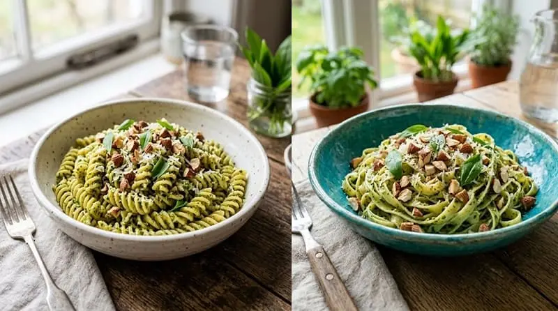 Pasta mit Bärlauchpesto und Mandeln in einer hellen Schüssel