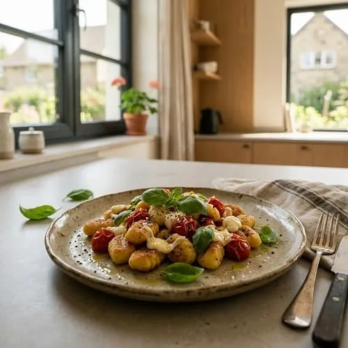 15-Minuten-Rezepte vegetarisch: 10 schnelle Ideen 4 Knusprige Pfannen-Gnocchi mit Tomaten und Mozzarella als schnelles vegetarisches Gericht
