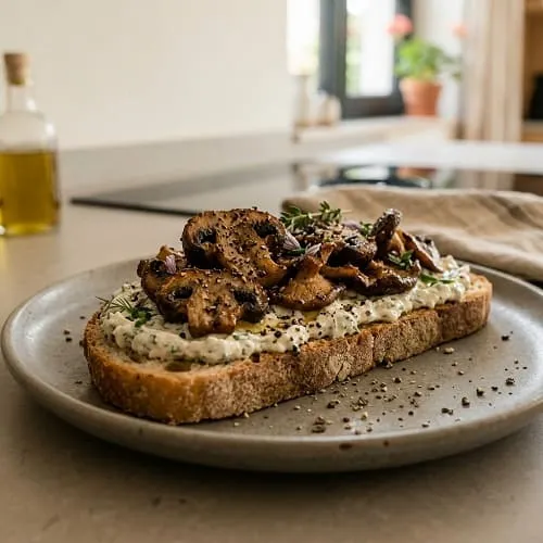 15-Minuten-Rezepte vegetarisch: 10 schnelle Ideen 9 Pilzpfanne mit Kräuterquark auf Brot als schnelles vegetarisches Rezept