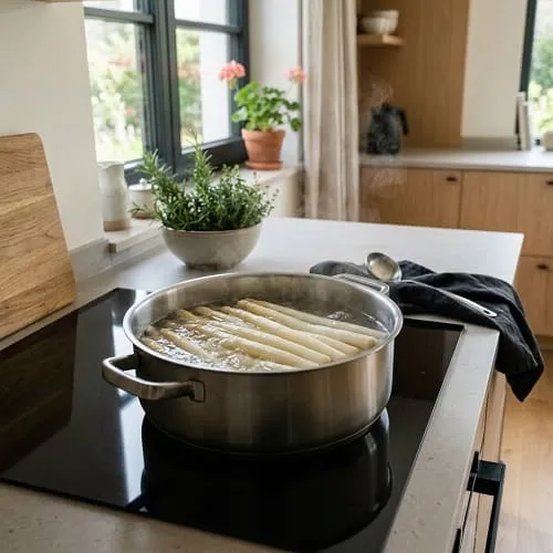 Weißer Spargel gart sanft in einem Topf mit leicht siedendem Wasser