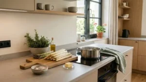 Weißer Spargel auf einem Brett neben einem Topf mit Spargelwasser