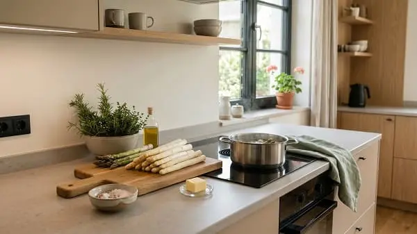 Weißer Spargel auf einem Brett neben einem Topf mit Spargelwasser
