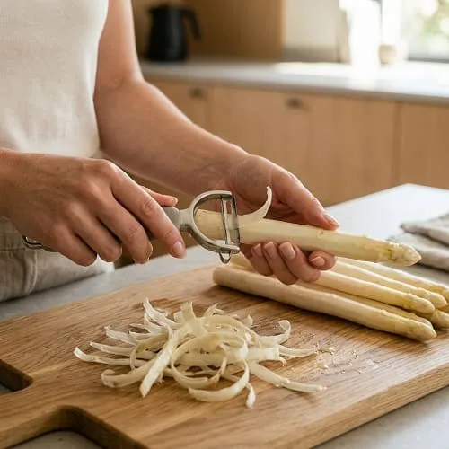 Weißer Spargel wird mit einem Sparschäler gründlich geschält