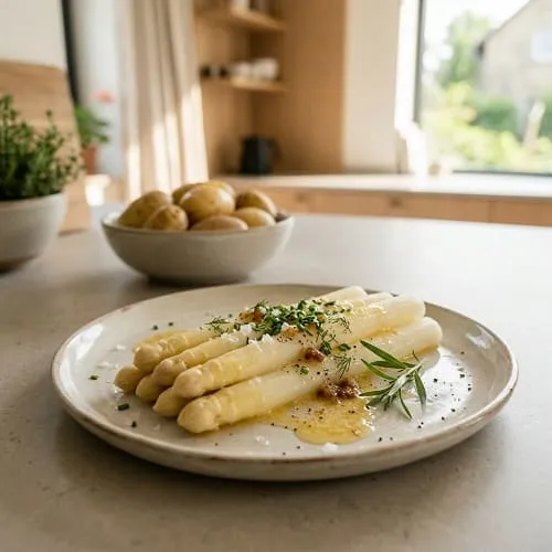 Gekochter Spargel auf einem Teller mit Butter und Kräutern serviert