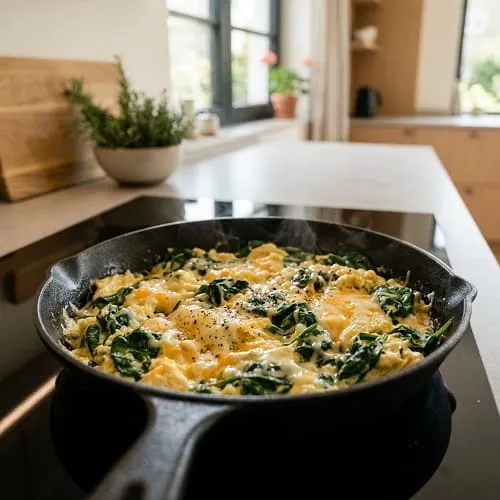 15-Minuten-Rezepte vegetarisch: 10 schnelle Ideen 3 Spinat-Eierspeise mit Käse in der Pfanne, schnelles vegetarisches Rezept