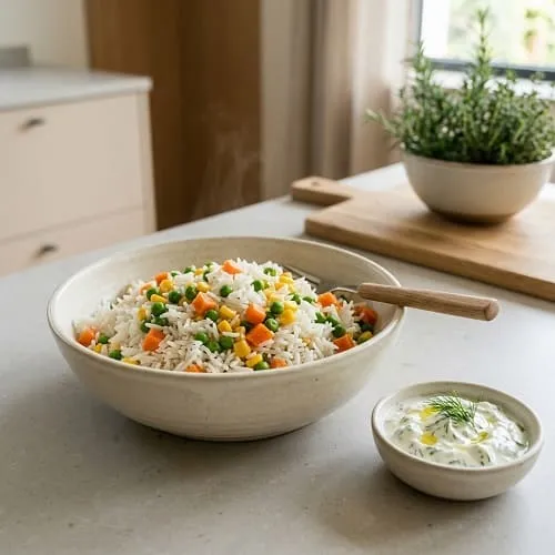 Reis mit Gemüse und Joghurtdip als schnelles Thermomix Mittagessen