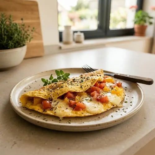 15-Minuten-Rezepte vegetarisch: 10 schnelle Ideen 11 Tomaten-Mozzarella-Omelett als schnelles vegetarisches 15-Minuten-Gericht