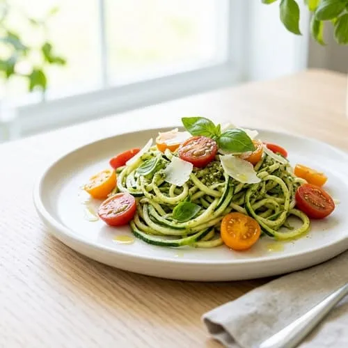 15-Minuten-Rezepte vegetarisch: 10 schnelle Ideen 7 Zucchini-Spaghetti mit Pesto und Kirschtomaten als schnelles vegetarisches Gericht