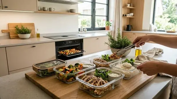 Meal-Prep-Boxen mit Reis, Ofengemüse und Dip auf der Arbeitsfläche