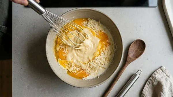 Eigelb, Sahne und geriebener Käse in einer Schüssel verrühren