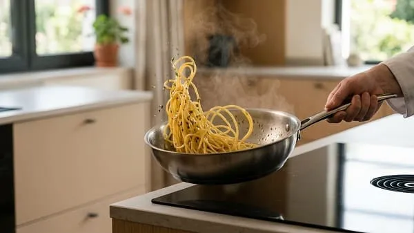 Spaghetti in der Pfanne mit etwas Nudelwasser schwenken für cremige Carbonara