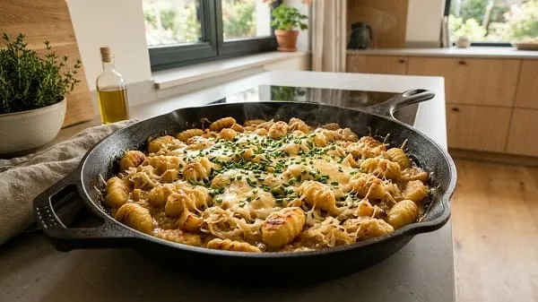 Fertige schnelle Gnocchi-Pfanne mit Sauerkraut, Apfel, Schmand und geschmolzenem Käse