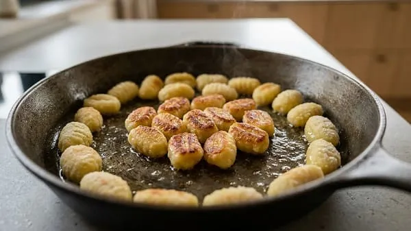 Gnocchi werden in heißem Öl goldbraun angebraten, um sie knusprig zu machen