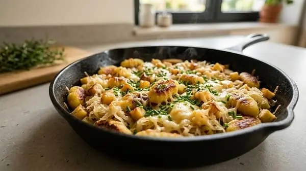 Schnelle Gnocchi-Pfanne mit Sauerkraut, Apfel und geschmolzenem Käse in einer Pfanne