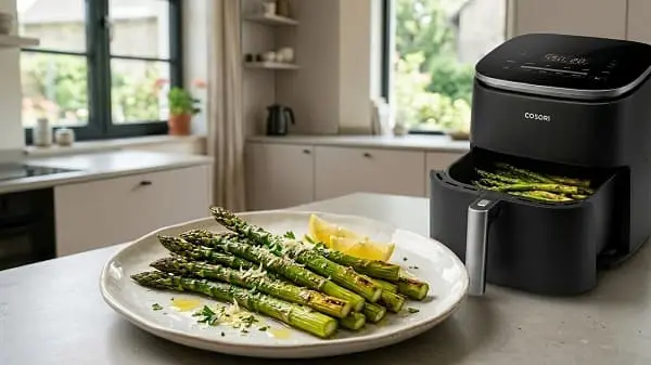 Grüner Spargel aus der Heißluftfritteuse mit Zitrone auf einem Teller