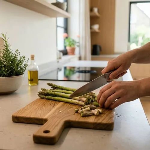 Holziges Ende von grünem Spargel wird auf einem Schneidebrett abgeschnitten