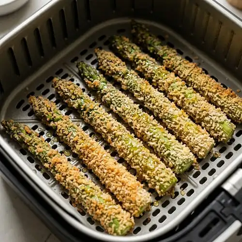 Panierter grüner Spargel in der Heißluftfritteuse vor dem Garen