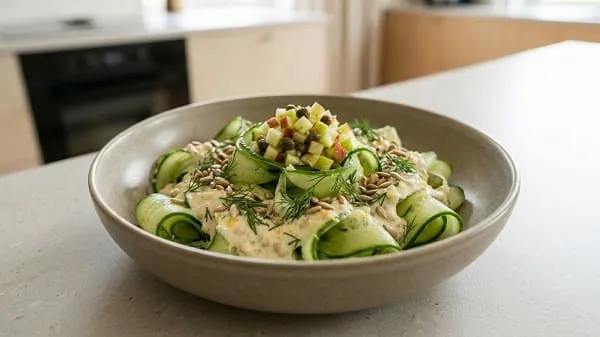 Fertige Gurkenbandnudeln mit Zitronen-Linsen-Quark als schnelles leichtes Abendessen kalt