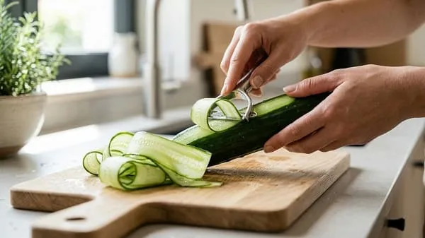 Gurke mit Sparschäler in Bandnudeln schneiden für ein schnelles kaltes Abendessen