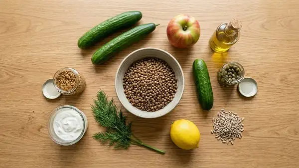 Zutaten für Gurkenbandnudeln mit Zitronen-Linsen-Quark und Apfel-Kapern-Relish