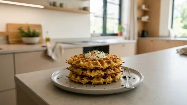 Herzhafte Kartoffel-Waffeln mit mildem Käse auf einem Teller
