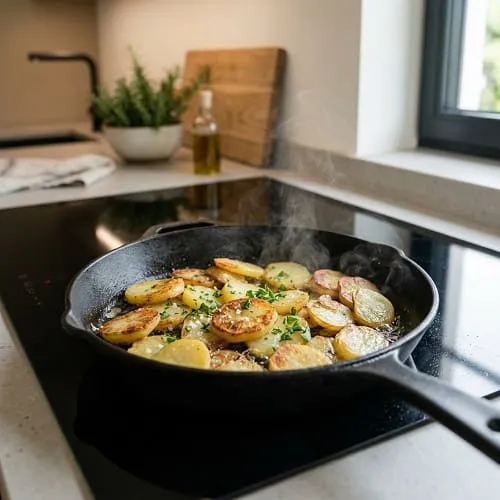 Vorgekochte Kartoffeln werden in Scheiben in der Pfanne knusprig angebraten
