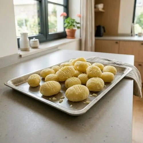 Vorgekochte Kartoffeln liegen zum Abkühlen auf einem Blech, damit sie ausdampfen