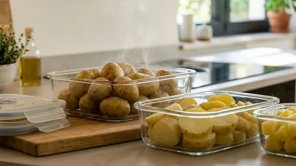 Vorgekochte festkochende Kartoffeln in Glasboxen auf einer Küchenarbeitsplatte, bereit für die Woche