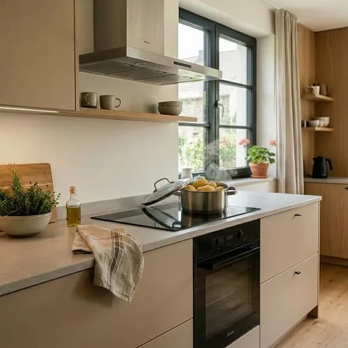Kartoffeln garen im Topf bei sanfter Hitze, Deckel liegt leicht schräg zum Ausdampfen
