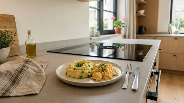 Kartoffelstampf mit Erbsen und Rührei, kinderfreundlich serviert
