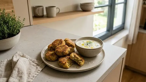Milde Kichererbsen-Bällchen vegetarisch mit Joghurt-Dip