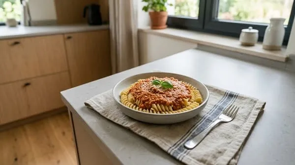 Nudeln mit milder Linsen-Bolognese als feine Soße
