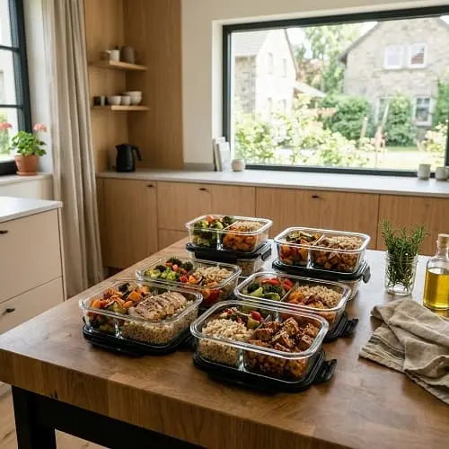 Meal-Prep-Boxen mit verschiedenen vorbereiteten Komponenten für die Woche