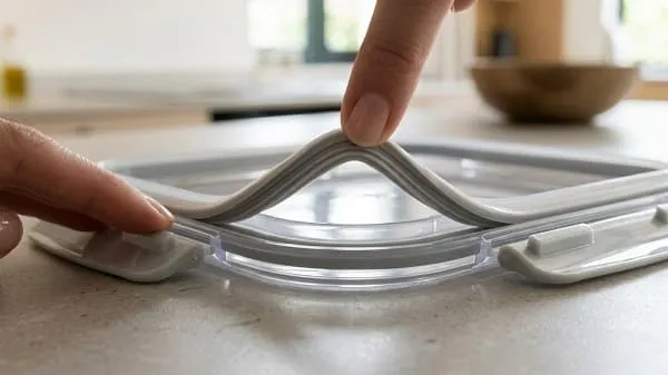 Meal Prep Boxen: Welche wirklich passen? Glas vs. Plastik 3 Silikondichtung im Deckel einer Meal-Prep-Box in Nahaufnahme