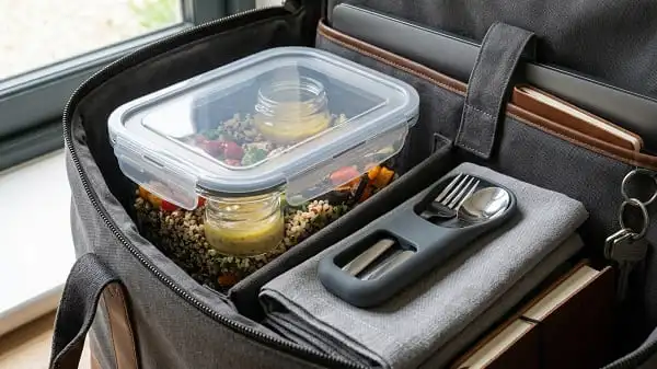 Meal Prep Boxen: Welche wirklich passen? Glas vs. Plastik 5 Auslaufsichere Meal-Prep-Box in einer Arbeitstasche