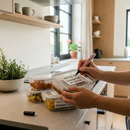 Meal Prep Haltbarkeit Tabelle: Kühlschrank & Gefrierfach 2 Meal-Prep-Boxen mit Datum und Inhalt beschriften